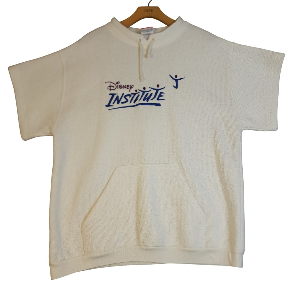 Disney Institute Vintage Short Sleeve Hoodie Sweatshirt White‎ Embroidered Logo